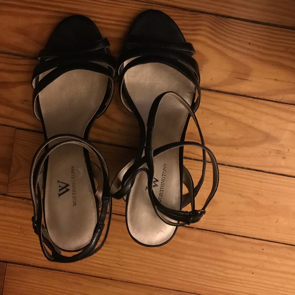 Strappy black wedge sandals